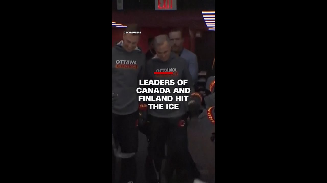 Canada PM Mark Carney and Finland President Stubb play ice hockey