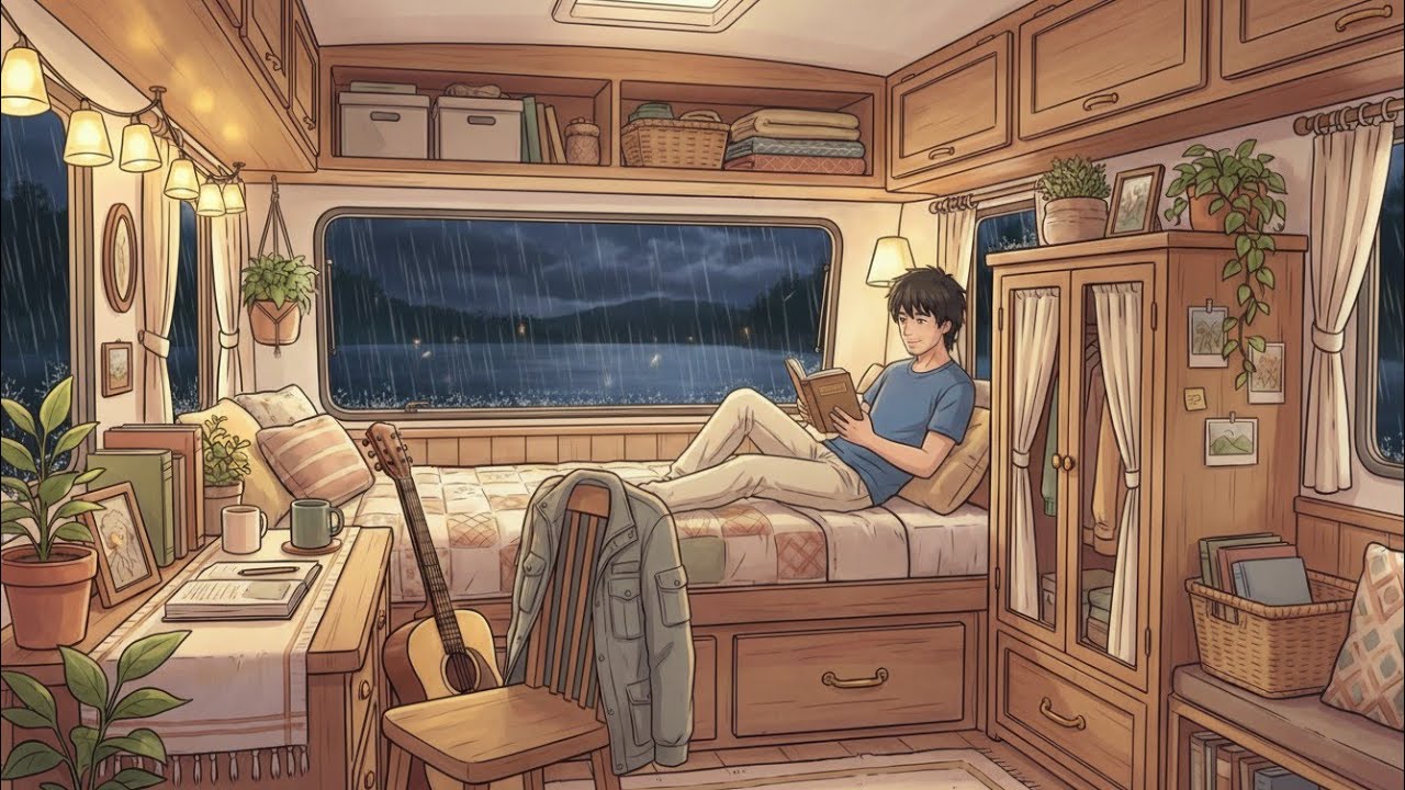 ASMR Rainy Night in a Camper Van | Ghibli styles