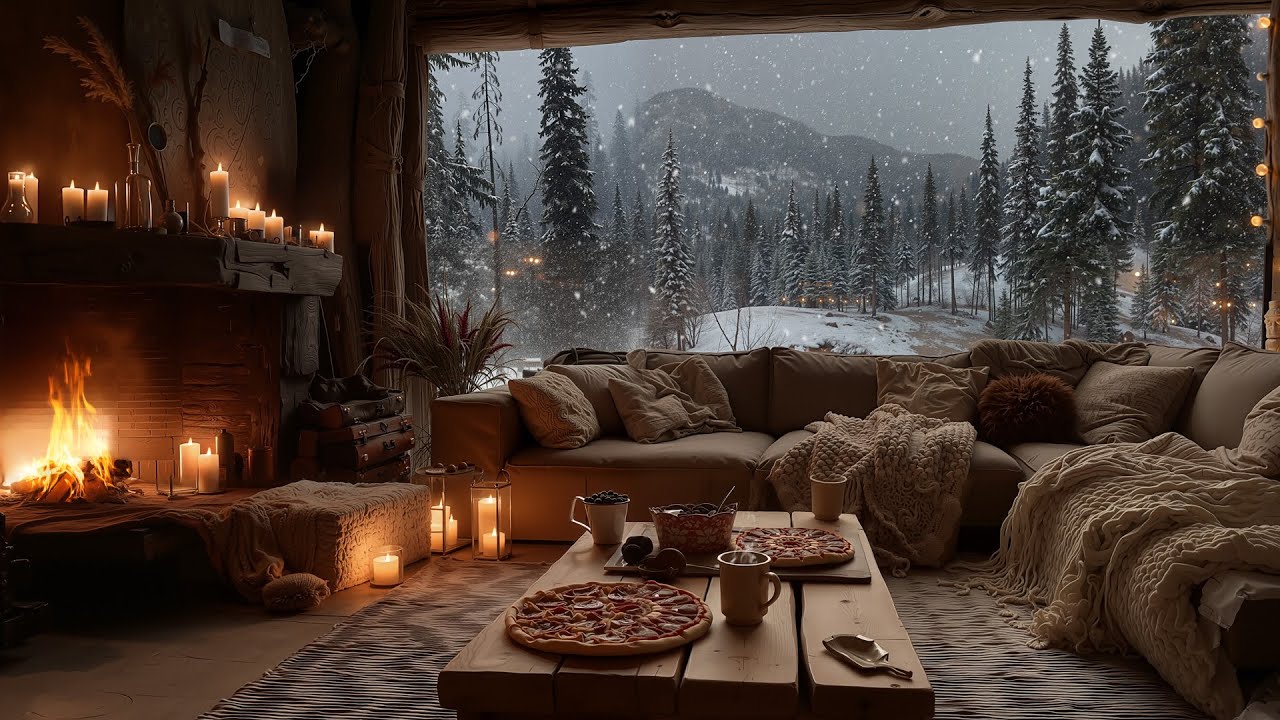 Snowy Forest Cabin Night ❄️ Cozy Fireplace, Snow Sounds  & Gentle Piano Ambience for Deep Sleep