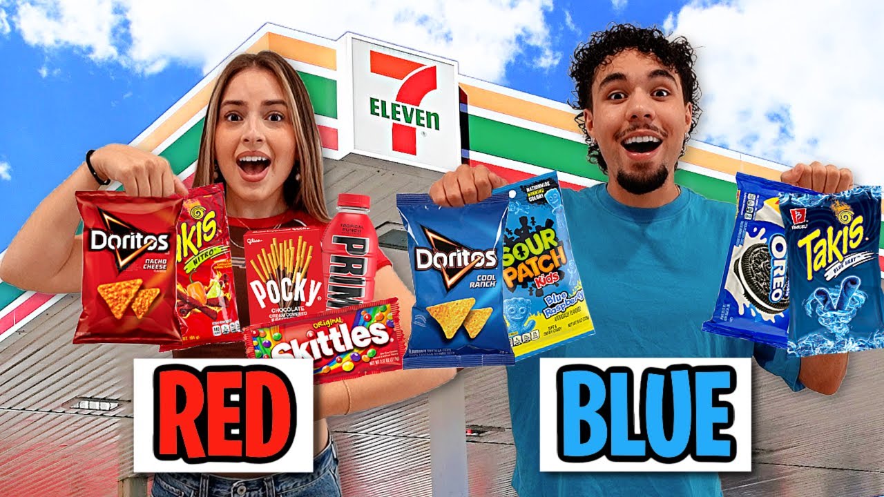 EATING GAS STATION FOOD WITH ONLY ONE COLOR FOR 24 HOURS!! (BLUE VS RED)