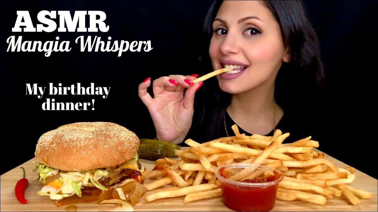 ASMR | EATING AN ANGUS BURGER + FRIES! *BIRTHDAY DINNER* MUKBANG (WHISPER) | MANGIA WHISPERS 먹방