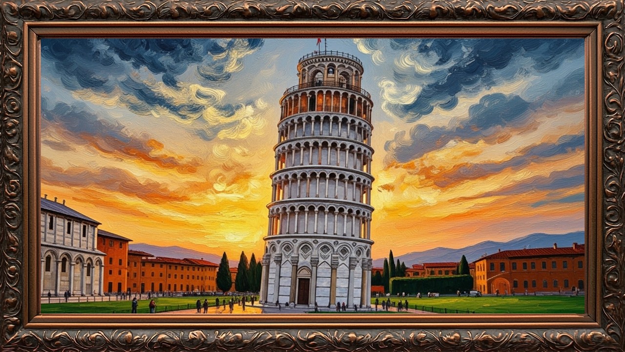 Tower of Pisa Vintage Frame 🌅 Stunning Italy Sunset Oil Painting | Elegant European Wall Art Decor