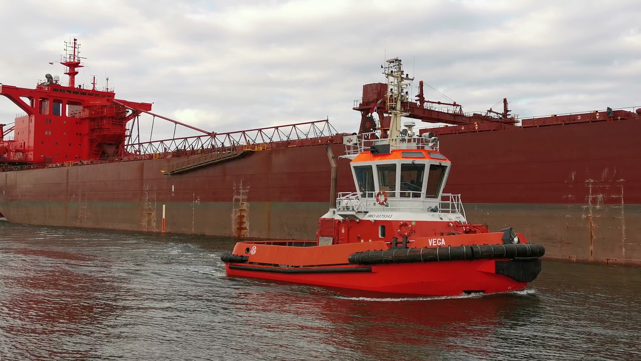 YEOMAN BRIDGE - красный гигантский балкер, судно длиной 249 м заходит в порт Гданьск, Польша 2021
