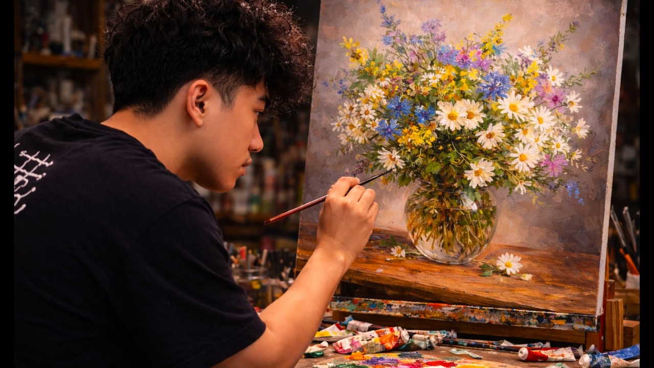 🎨 Painting Wildflower Bouquet in a Glass Vase | Relaxing Acrylic Still Life Tutorial | #182