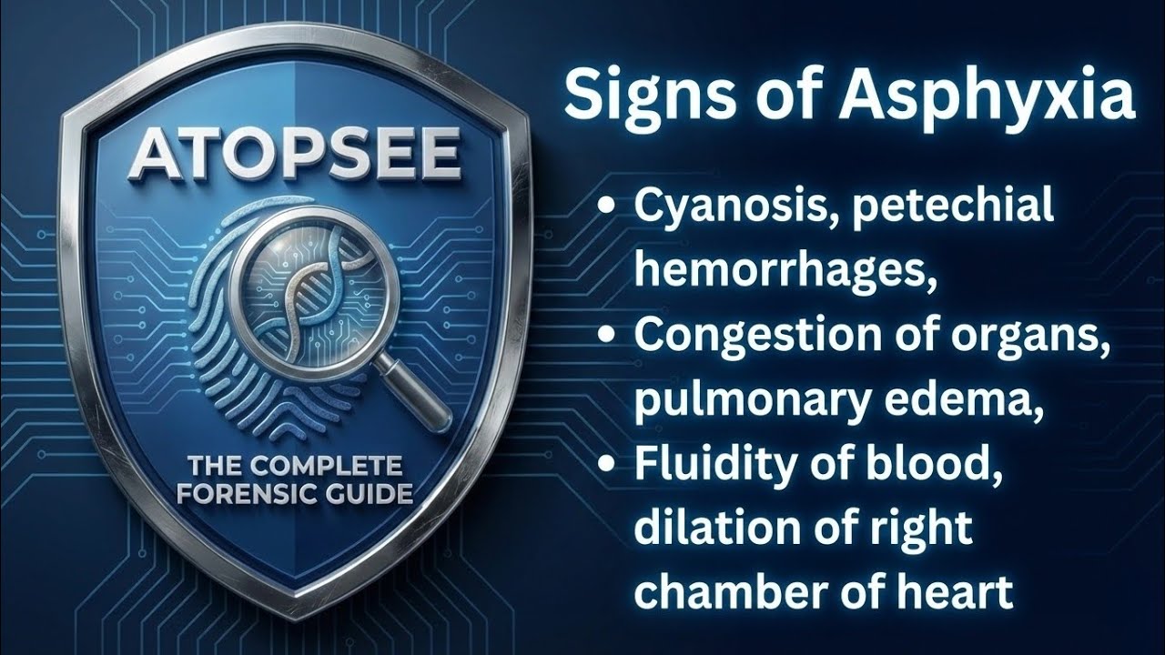 Signs of Asphyxia, cyanosis, congestion of organs, pulmonary edema, petechial hemorrhage,dilation