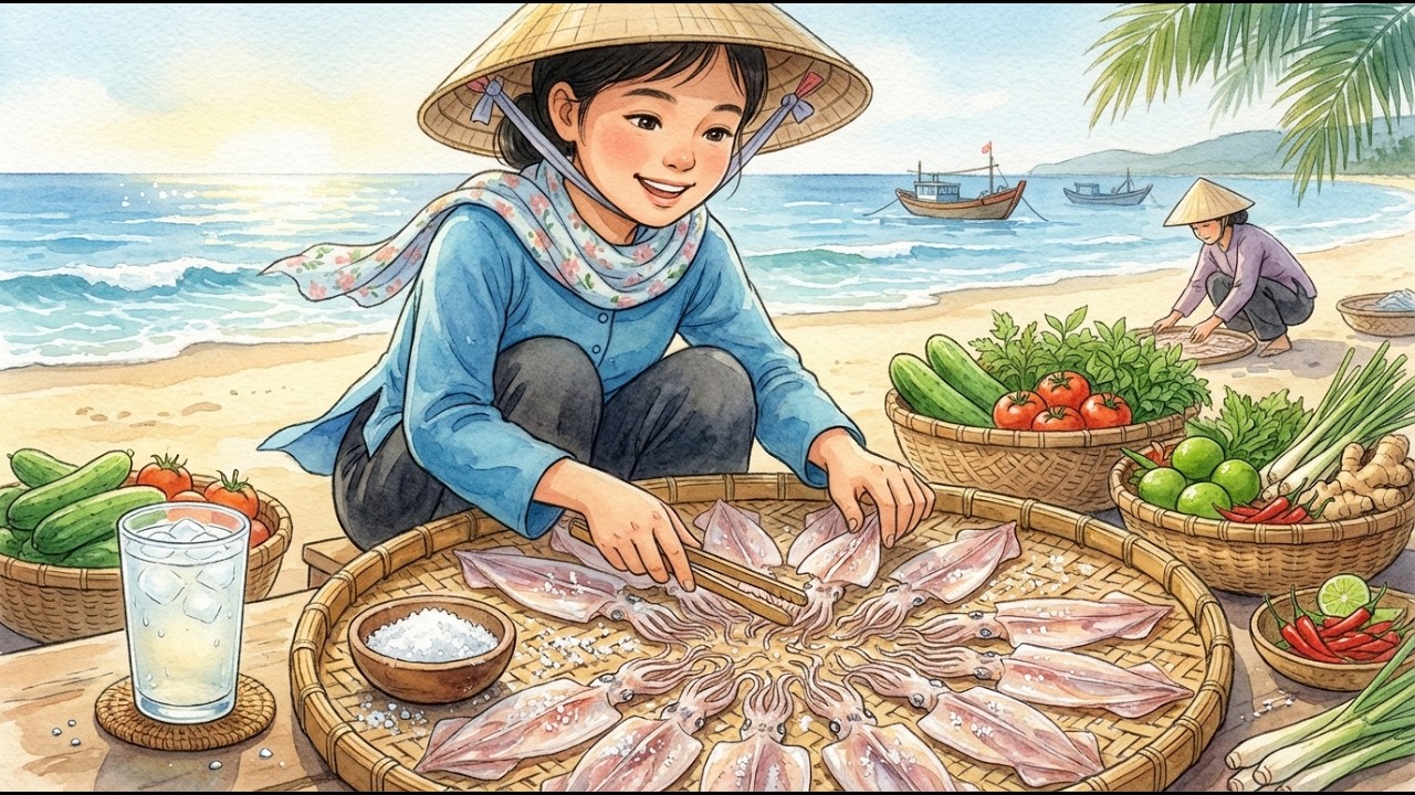 Cozy Quảng Nam Beach Squid Sun-Drying ASMR | Ghibli Style Slow Living & Cooking