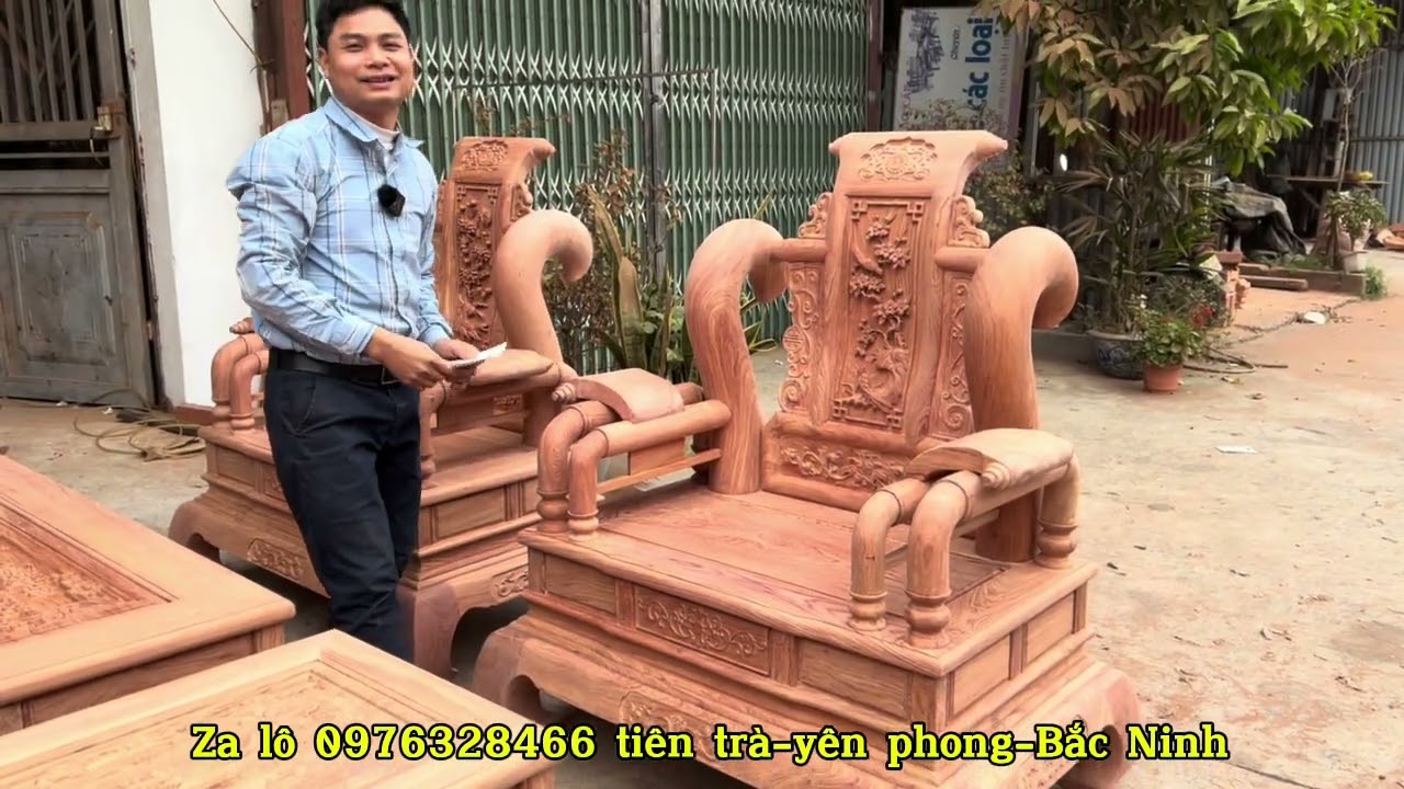 Bộ ghế tần thủy hoàng chân 14 cột 12 vách liền tảng đục tay Em zai Vĩnh phúc đặt theo yêu cầu 