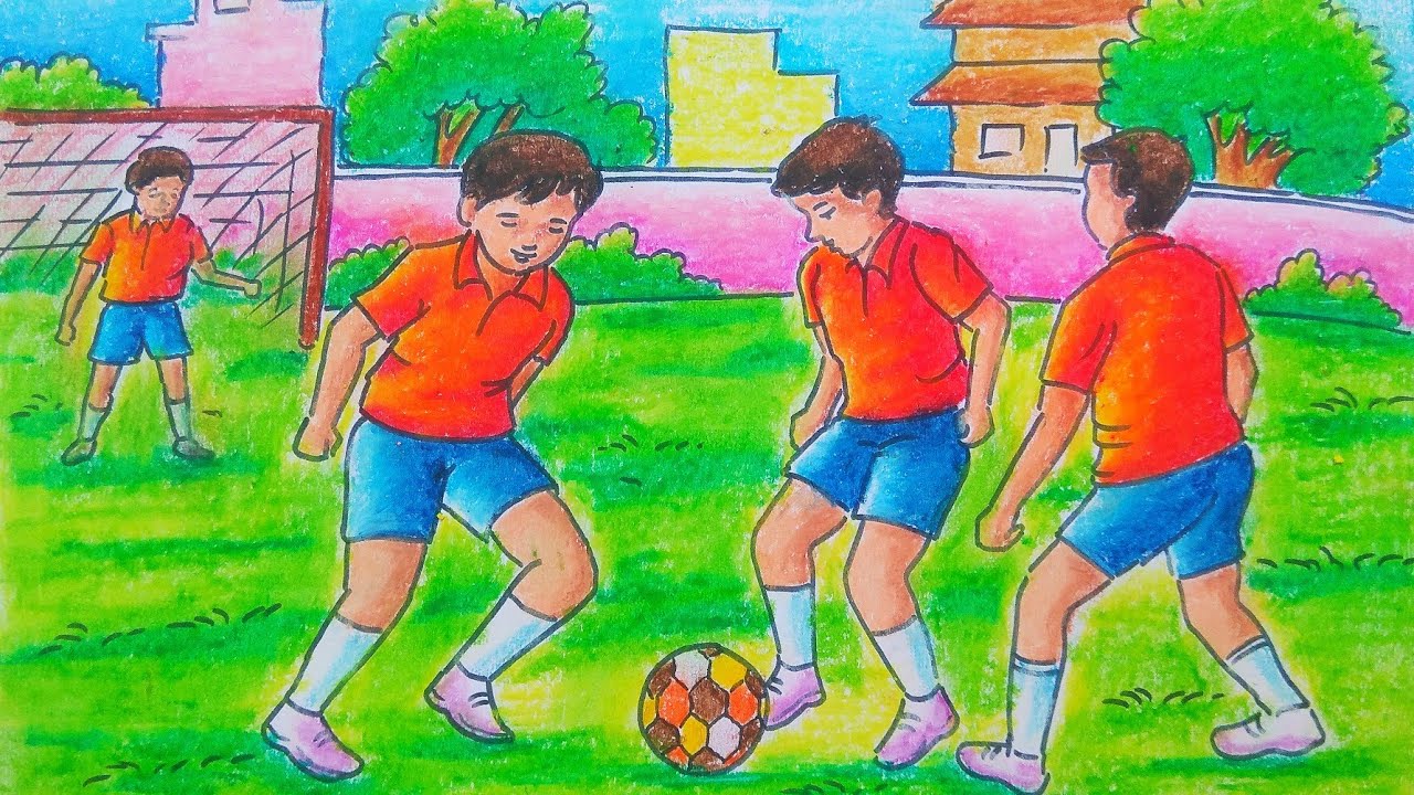 How to draw football game drawing/ football memory drawing/ children playing football drawing