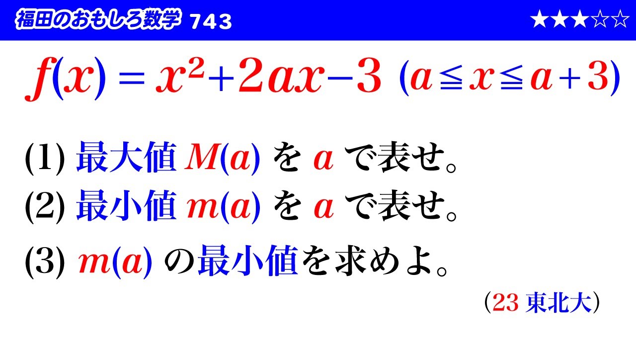 福田のおもしろ数学743〜軸の動く最大最小