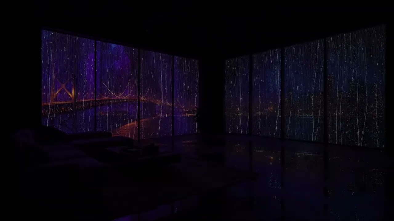 Rainy Night in a Luxury NYC Apartment 🌙☔ Purple Neon Bedroom & Soothing Rain Sounds