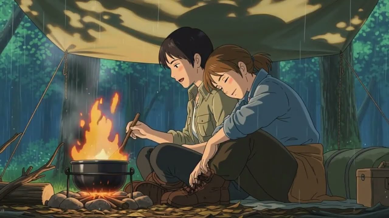 Rainy Camping with family 🌧️ Gentle Ghibli ASMR