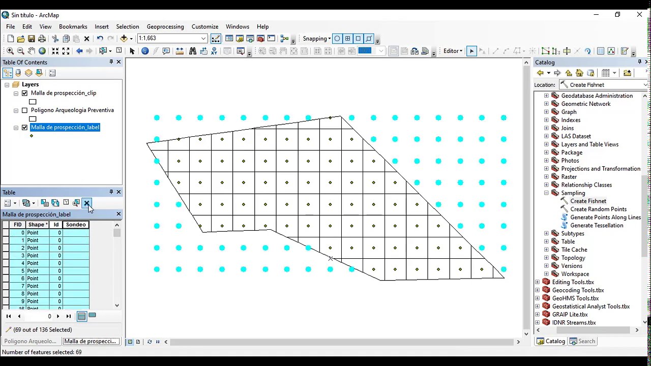 Creación de malla y puntos de sondeo. Tools Create Fishnet and Generate Points Along Lines de Arcgis