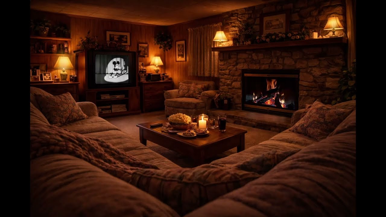 Grandma’s Living Room at Night | Vintage Cartoons, Cozy Fireplace & 90s Nostalgia Ambience