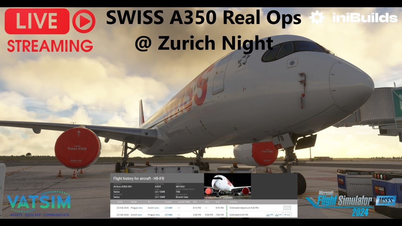 FS24 | SWISS A350 Real Ops @ Zurich Night | Prag PRG ✈ ZRH Zurich  | ini A350 | VATSIM