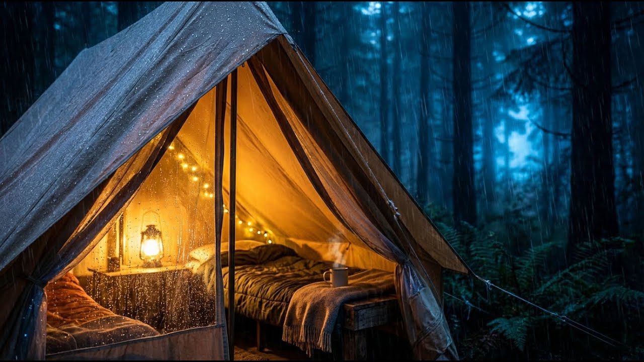 Midnight Heavy Rain Inside a Cozy Tent | Dark Forest Rain Sounds for Deep Sleep & Insomnia Relief