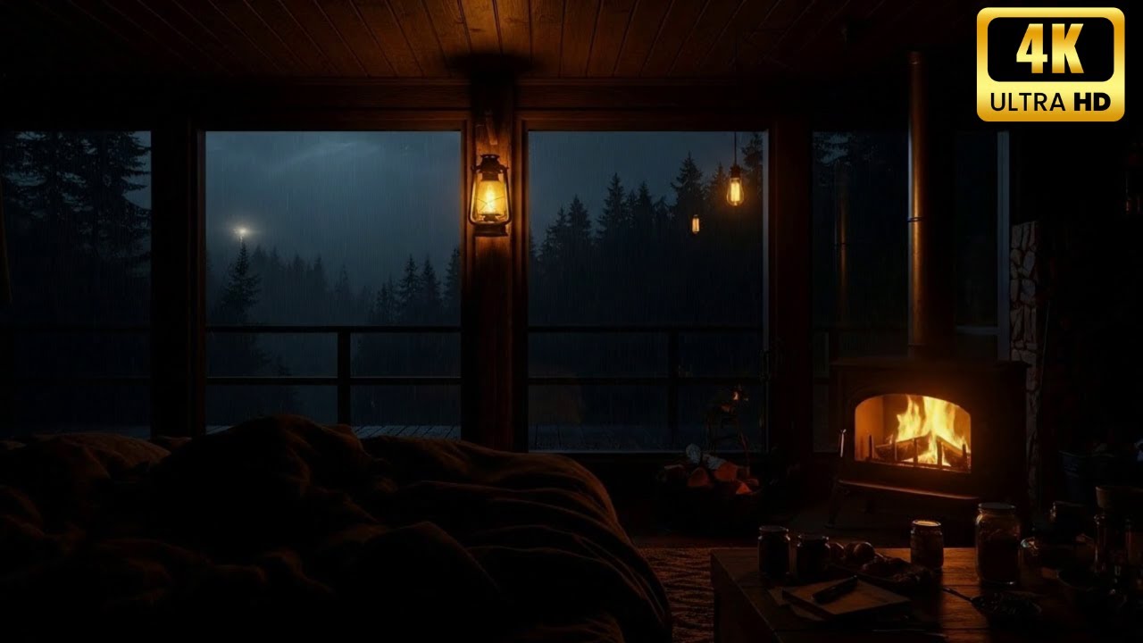 Fireplace and Rain Sounds for Deep Sleep | Dark Cozy Cabin Night Ambience (4K)