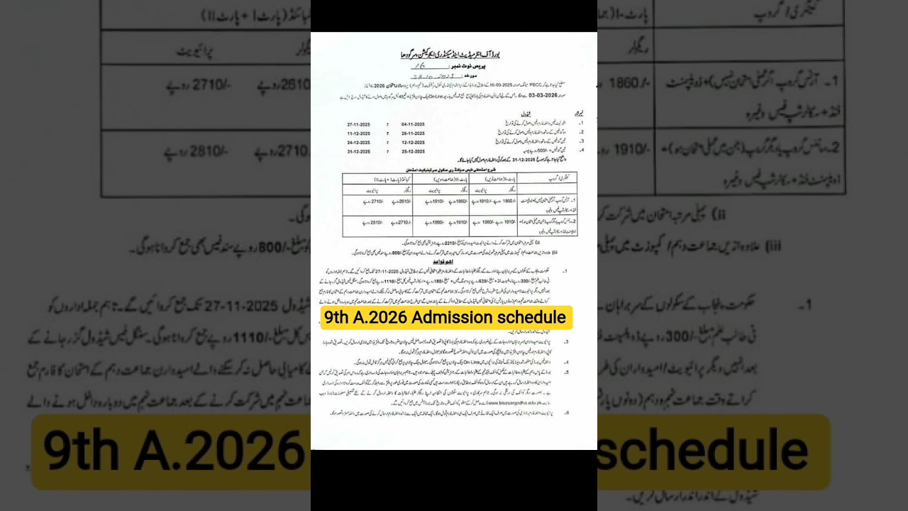 9th class admission and fee schedule for Annual 2026 Exams