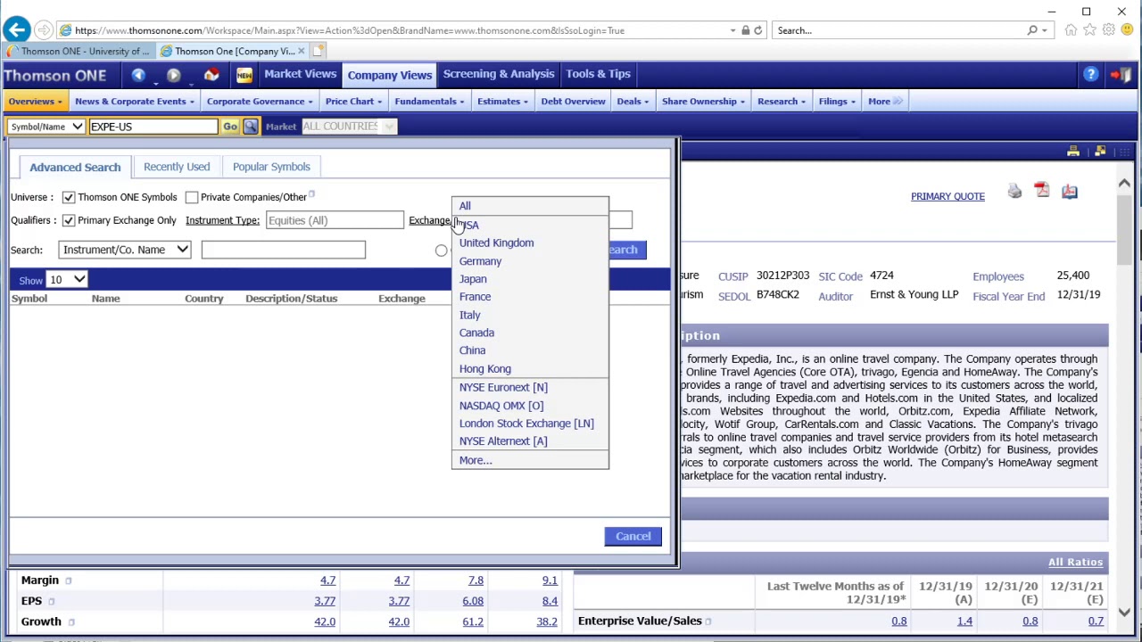 Thomson ONE financial statements: advanced search