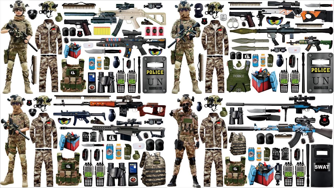 Open Box Special Forces Toy Gun Collection, MP5 submachine gun, shotgun, Glock pistol, grenade