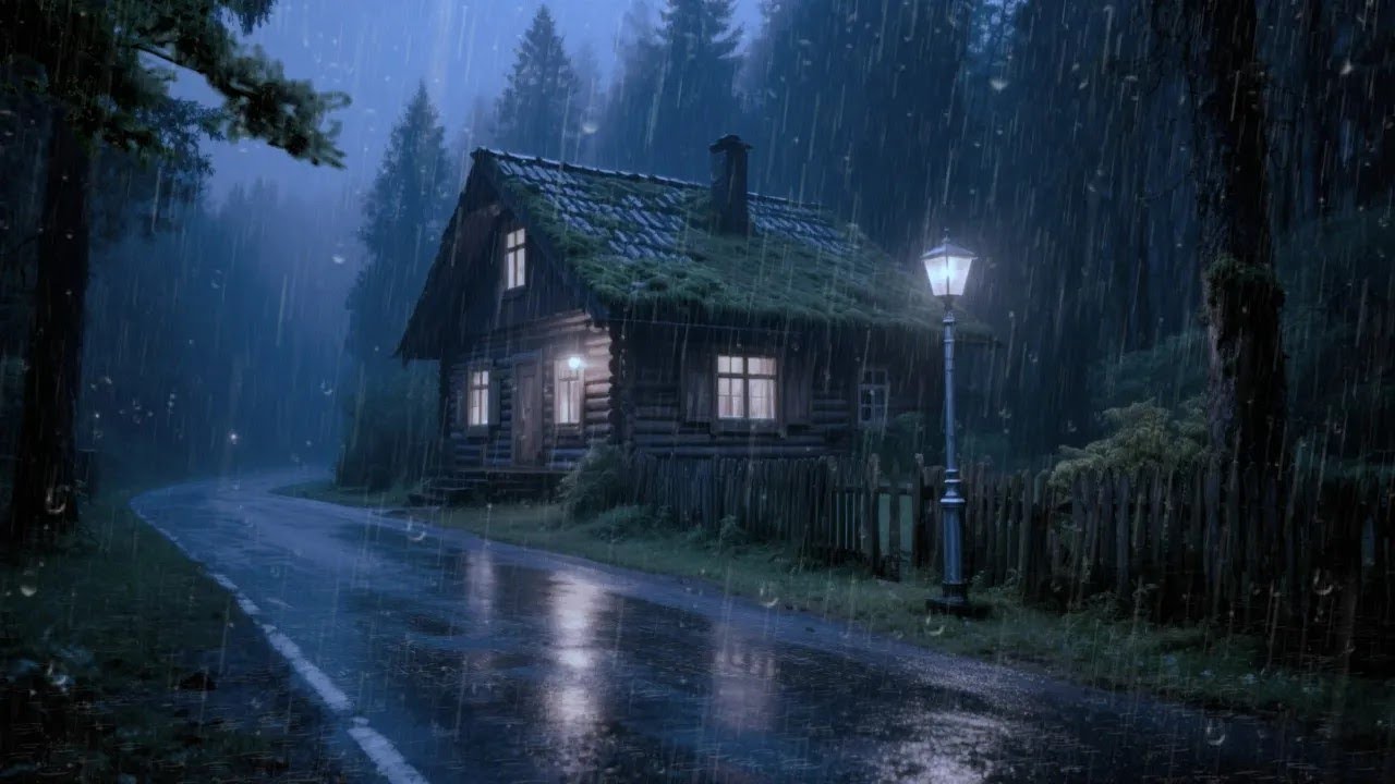 Heavy Night Rain on Forest Road – Wooden Cabin Ambience for Deep Sleep & Relaxation