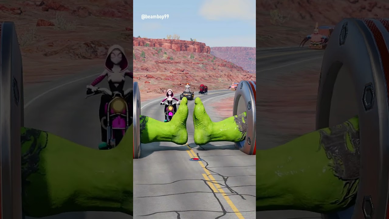 A strange car passes through the gate formed by the giant green man&rsquo;s legs  #fungames #crazyracing