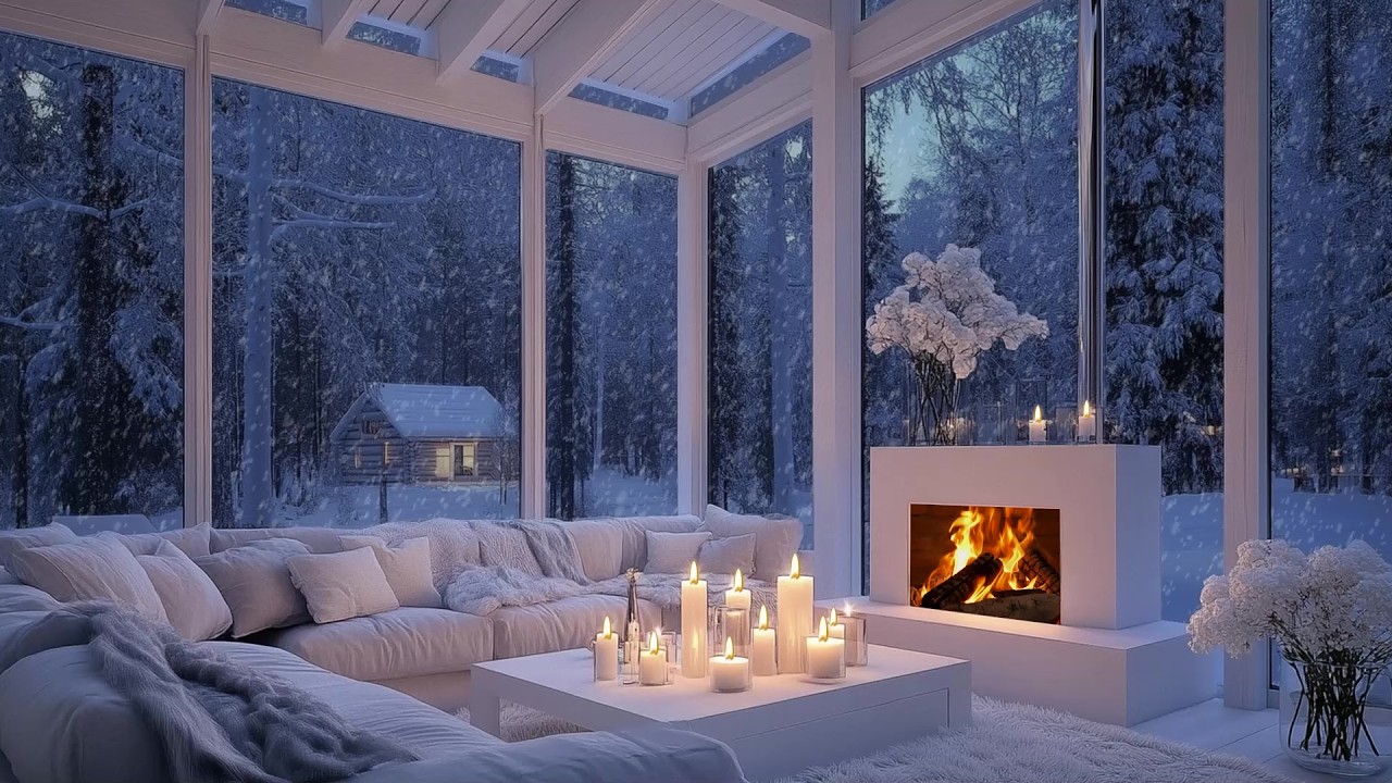 🪟🎹 Snow Window Piano Lounge Serenity | Fire Inside, Soft Snowfall & Flowers | Relax Sleep Calm