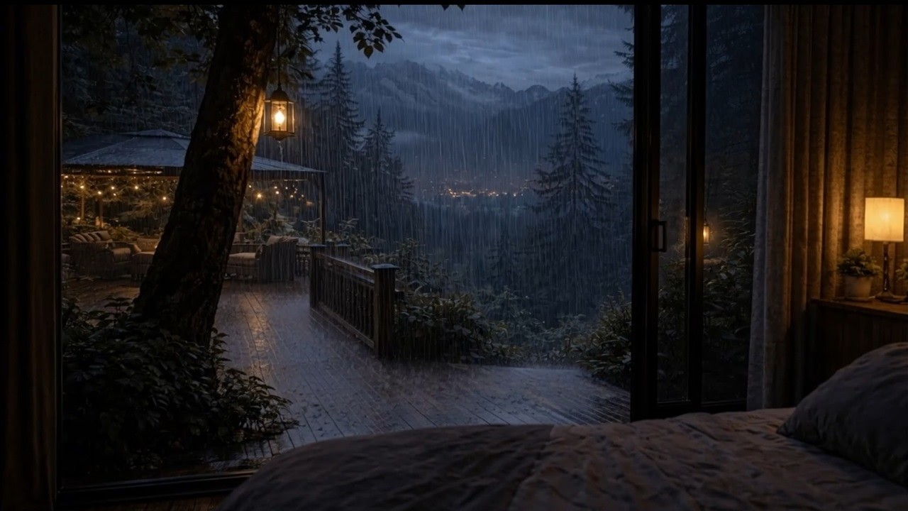 Rainy Mountain Cabin at Night 🌧️ Cozy Forest Deck & Distant City Lights | Deep Sleep & Relaxation