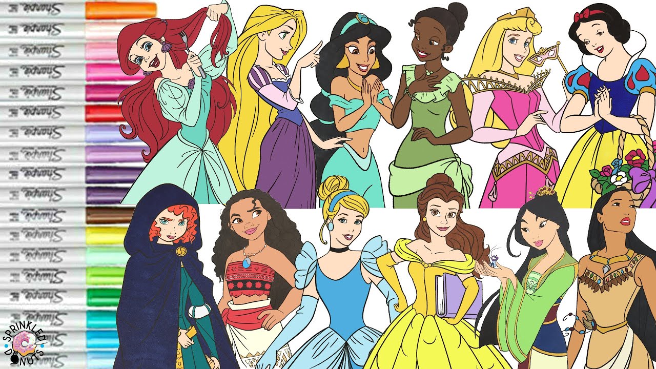 Disney Princess Coloring Book Compilation Official Princesses Ariel Moana Aurora Tiana Snow Mulan