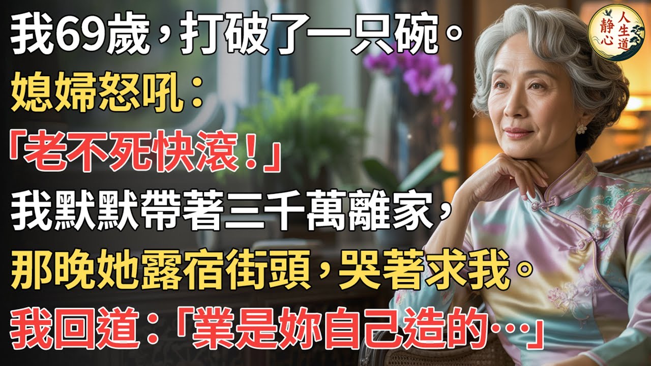 【我69歲】打破一只碗，媳婦怒吼：「妳這個笨手笨腳的老太婆，給我滾出家門！」我默默帶著三千萬離家… 那晚她露宿街頭，哭著求我。 我回道：「業是妳自己造的…」