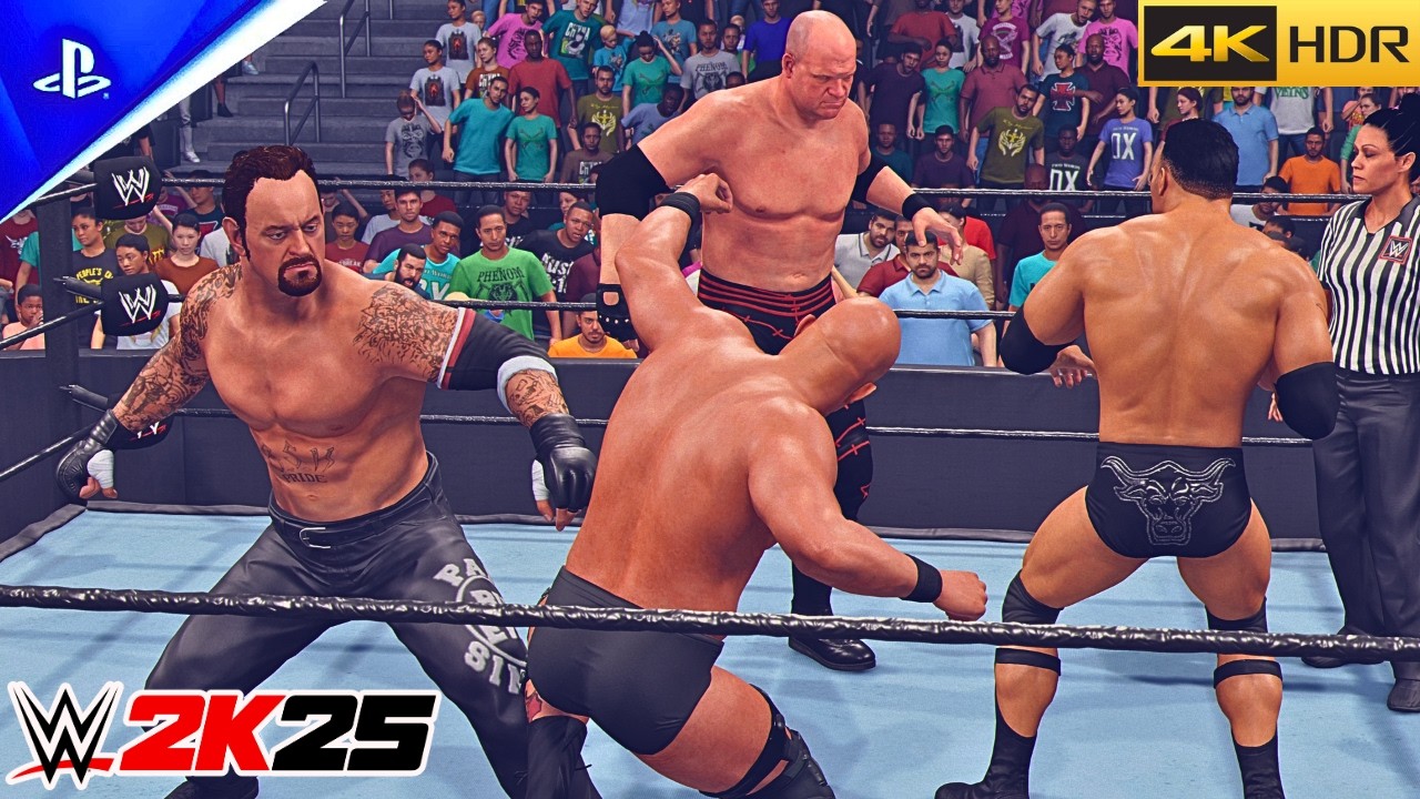 WWE 2K25 - Undertaker, Kane vs The Rock, Stone Cold - Tag Team Extreme Rules Match | PS5™ Pro 4K HDR