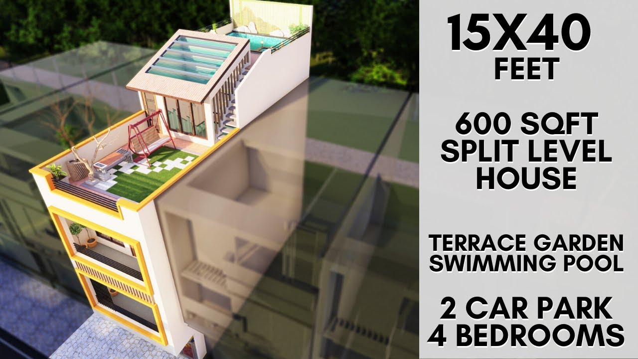 15X40 Feet Split Level House Design with Interior | Terrace Garden & Pool at Rooftop | ID-051