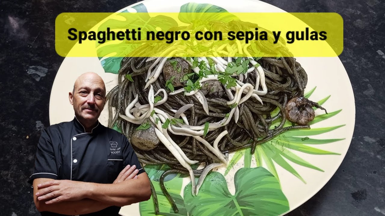 Spaghetti negro con sepia, gambas y gulas