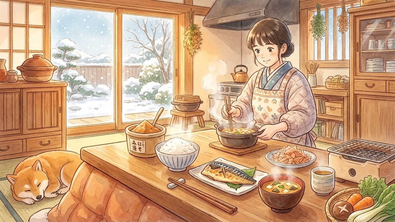 Snowy Morning Comfort: Grilled Mackerel & Dashi Miso Soup | Ghibli Style ASMR