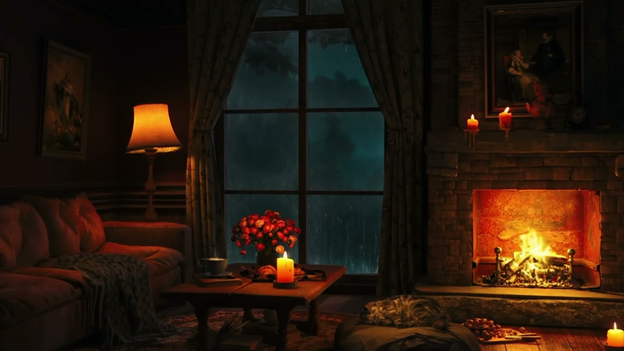 Rainy Night by the Fireplace – Cozy TV Background for Relaxation”