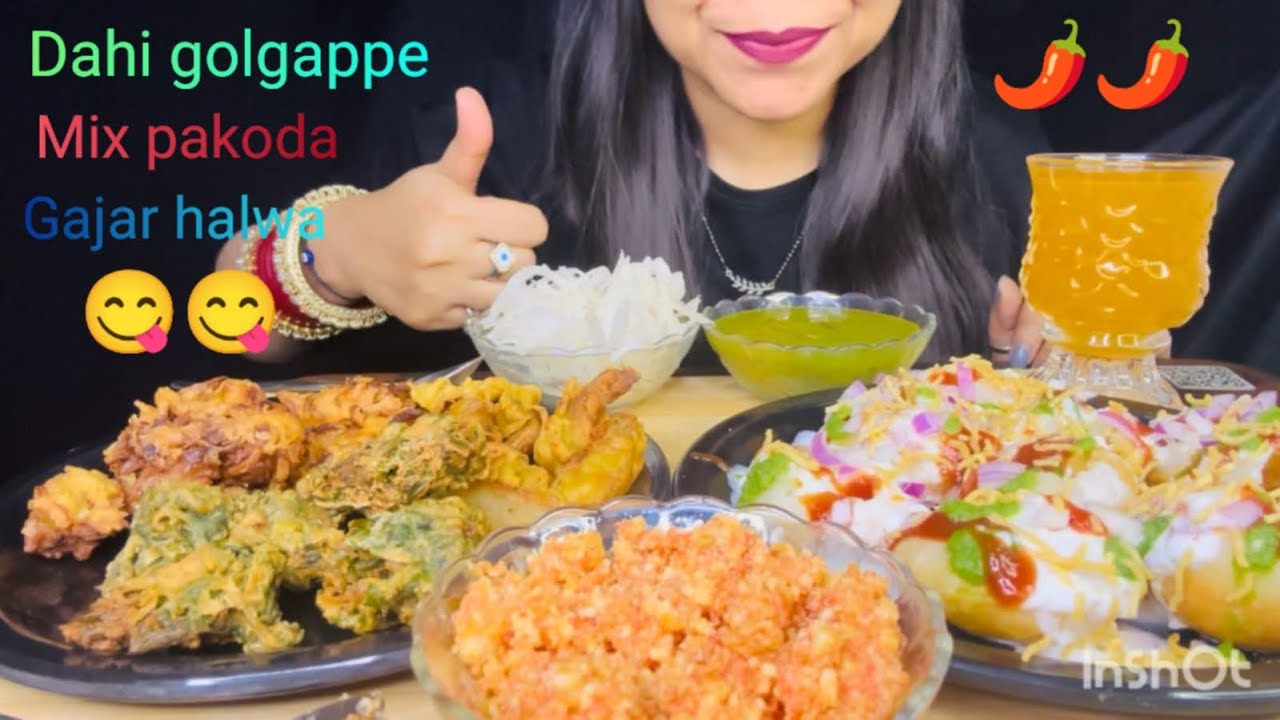 Eating Street food ,dahi golgappe,mix pakoda,gajar halwa #mukbang #asmr #food 