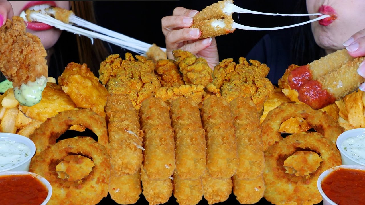 ASMR FRIED FOOD FEAST! CHEESY MOZZARELLA STICKS, FRIED CHICKEN, CRUNCHY ONION RINGS, FRIES, FISH