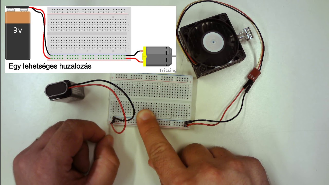2. Egyszerű &aacute;ramk&ouml;r pr&oacute;bapanelen // Simple circuit with battery and motor on breadboard