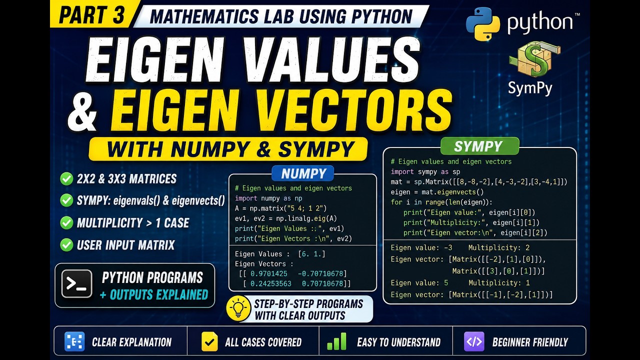 Computational Mathematics Lab Using Python | Part 3 | Eigen Values & Eigen Vectors | NumPy & SymPy