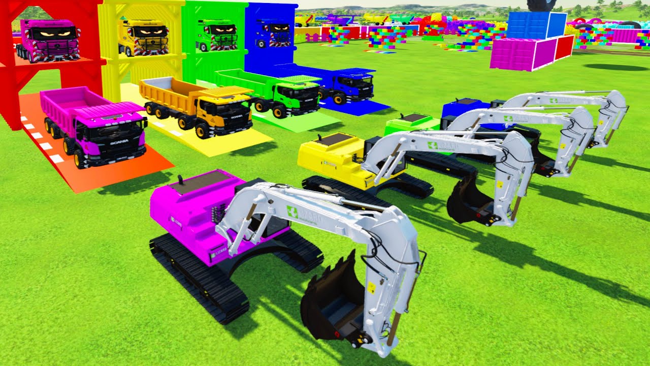 Garage With Color - COLORFUL EXCAVATOR, SCANIA XT MINER TRUCK TRANSPORTING TO COLORFUL GARAGE 