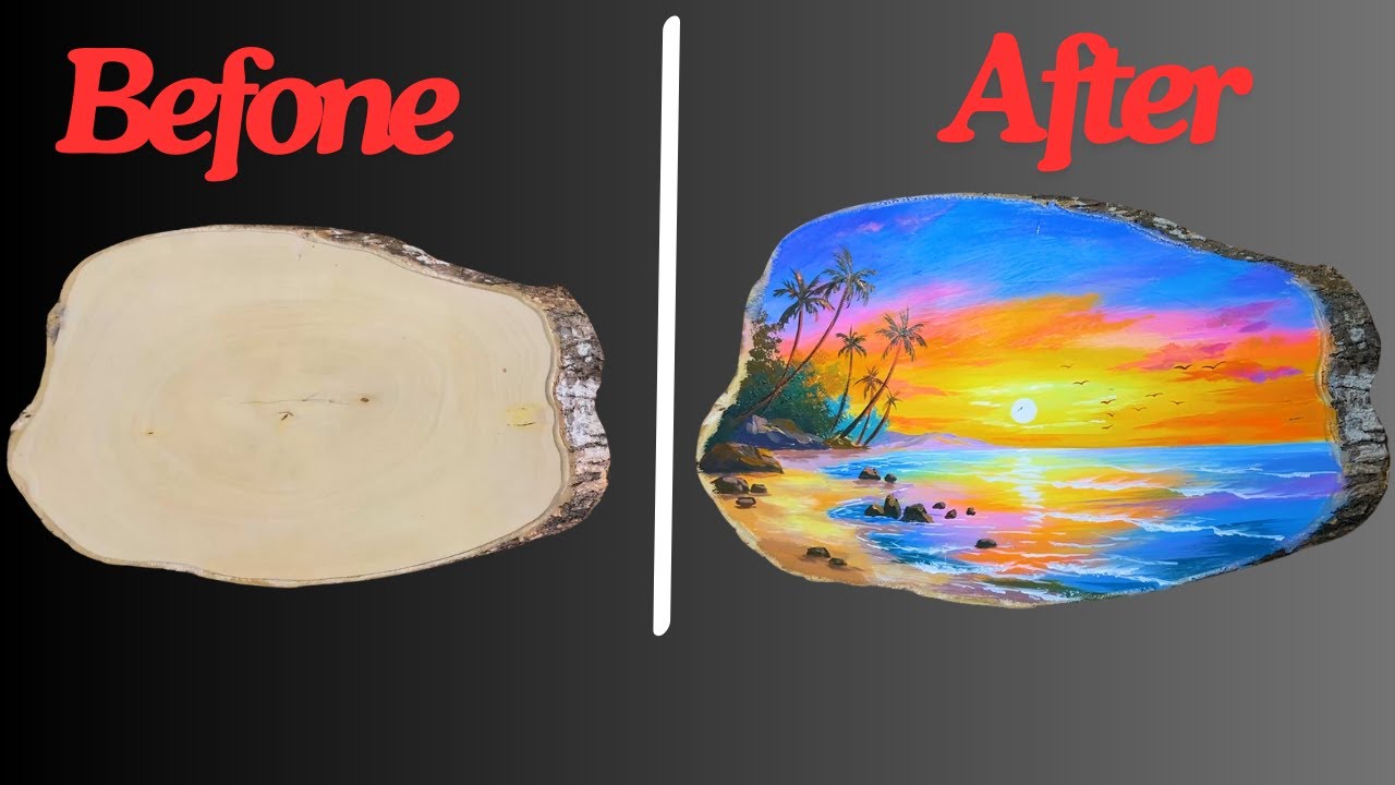 Acrylic Painting - Painting Sunset Sea Landscape On Wooden Panel | Asmr Painting