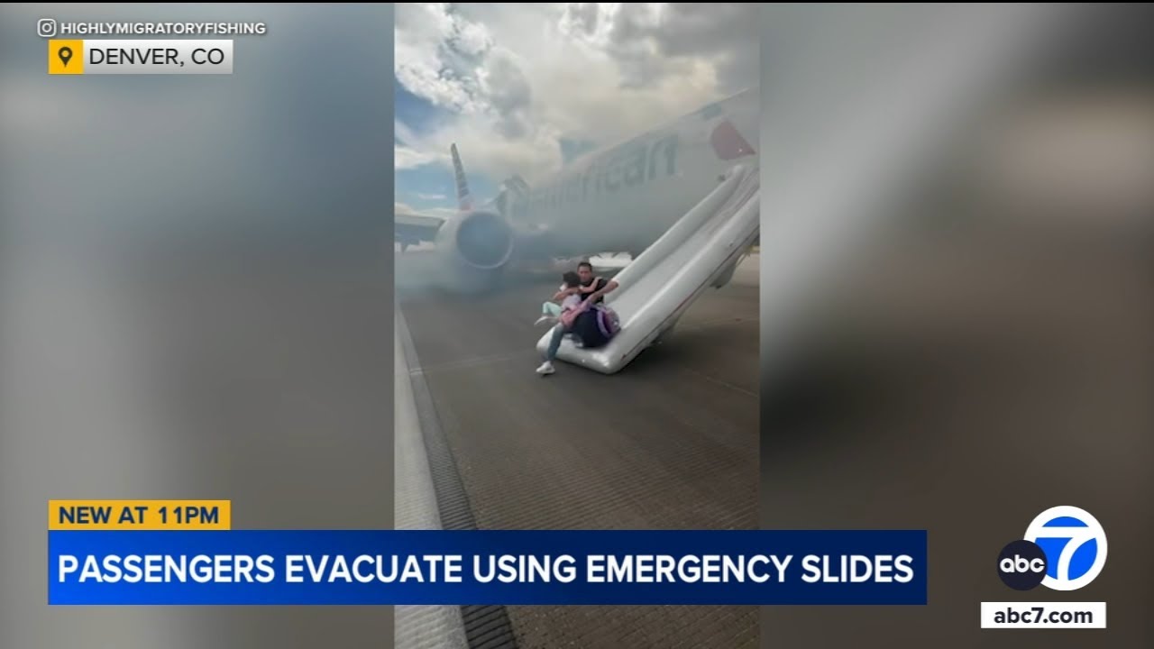 Passengers exit plane via emergency slide after aborted takeoff and fire in Denver