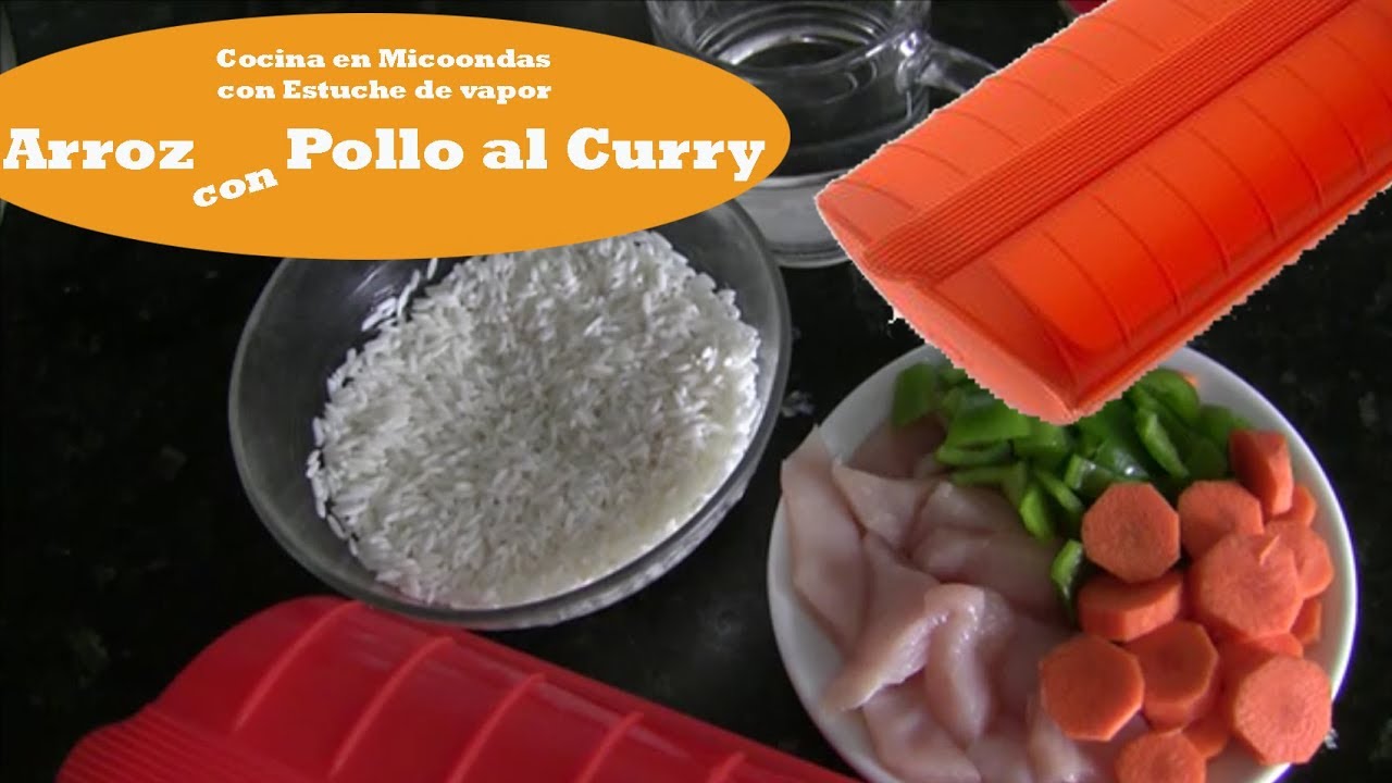 Arroz con pollo al curry. Cocina en micoondas con estuche de vapor Lékué