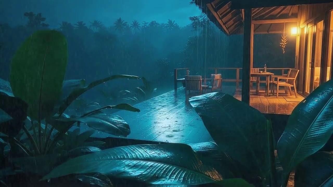 Deep Sleep Tonight with Calm Rain and Rolling Thunder Murmur at Wooden Cabin Terrace 🌧️