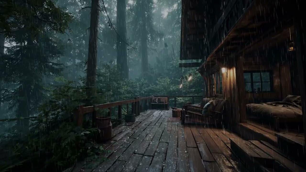 Tropical Rainstorm Outside A Secluded House Deep Within Emerald Jungle Night