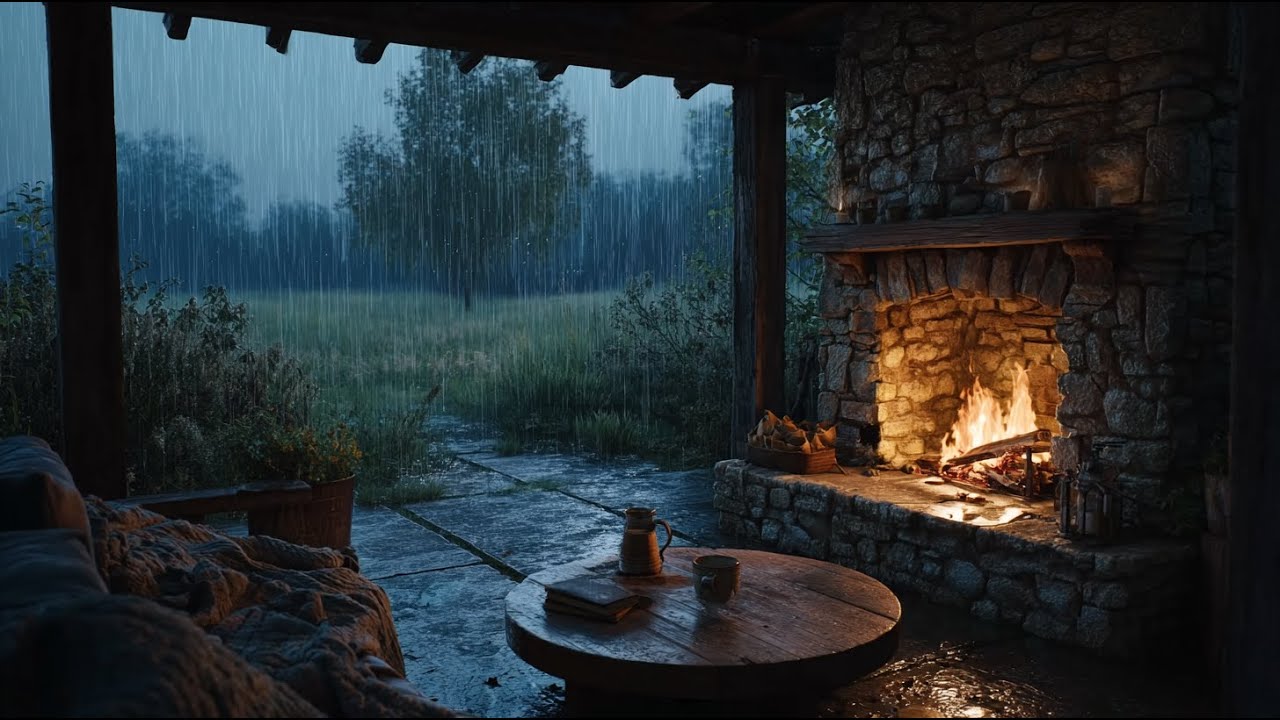 Rustic Cabin Porch Rain 🌧🔥 Heavy Rain & Fireplace Ambience for Deep Sleep, Relaxation & Study