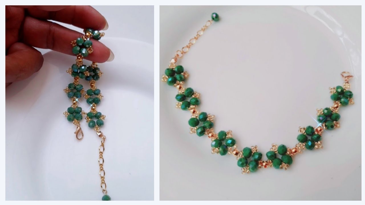 PULSERA CON CRISTALES VERDE TURQUESA, PERLAS Y MOSTACILLA DORADA🤗❤️ (Bisuteria paso a paso)