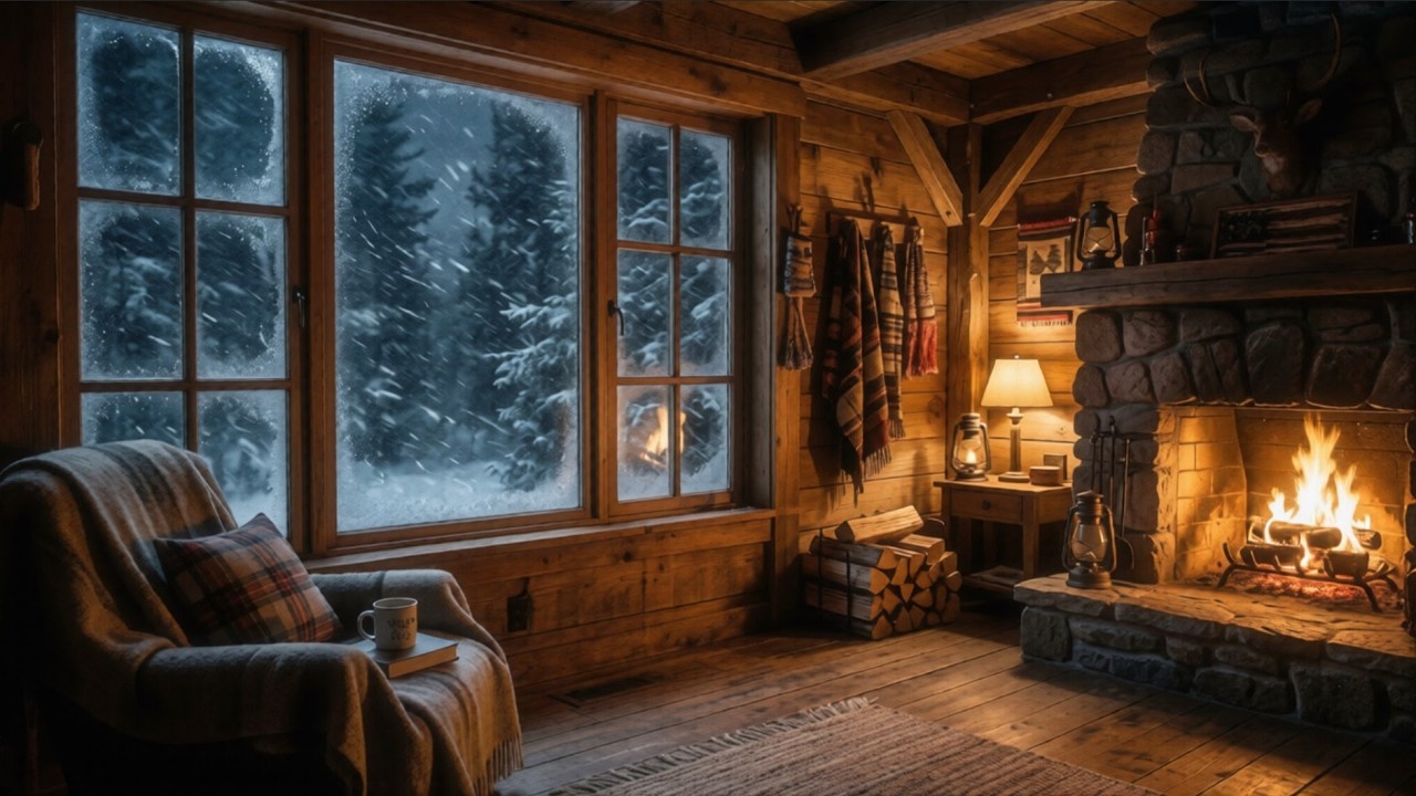 Cozy Wooden Cabin Winter Snowstorm ❄️ Fireplace & Blizzard Ambience for Sleep & Relaxation (9 Hours)