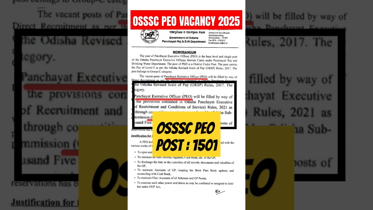 OSSSC PEO VACANCY 2025 #PEO #OSSSC #OSSSCPEO #odishagovtjob