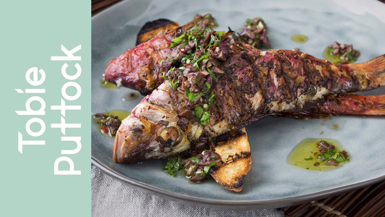 Grilled red mullet, black olive sauce and bruschetta