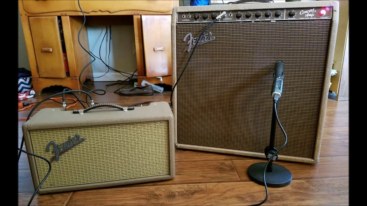 1960 Fender Concert amp, '57 Strat reissue, and reissue Fender Reverb tank.